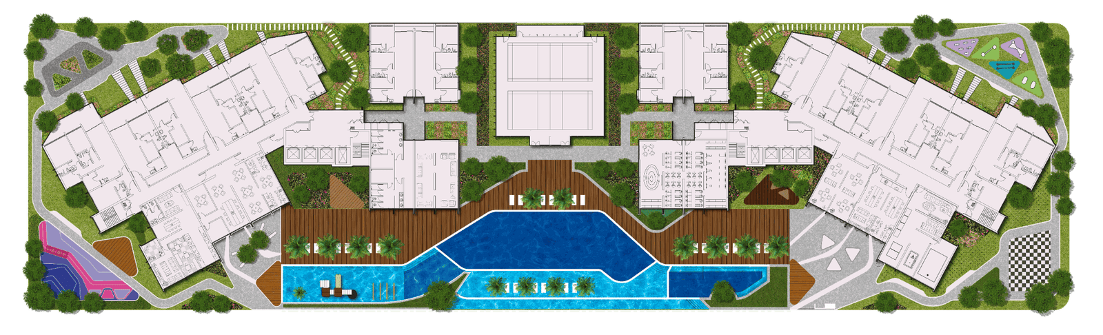 Official facilities key plan for The Straits View DUO, Bandar Baru Permas Jaya, Johor Bahru — all 33 facilities numbered on the podium deck
