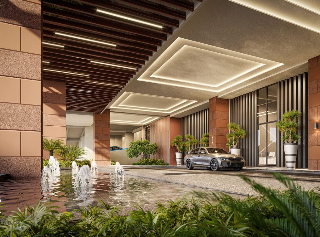 Lobby drop-off at The Straits View DUO, Bandar Baru Permas Jaya, Johor Bahru — each tower has its own double-volume lobby