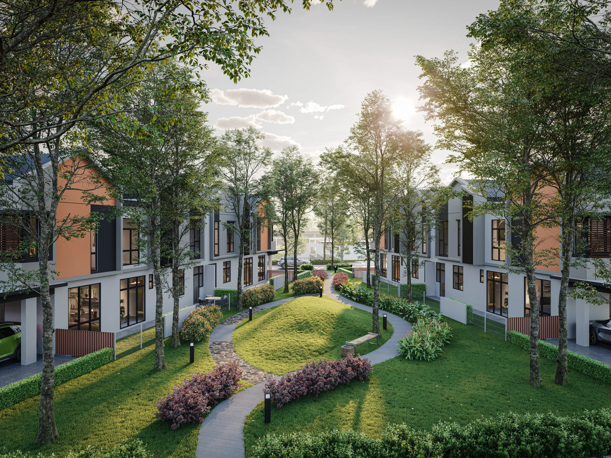 Linear park running through The Straits View Garden low-density landed enclave, Bandar Baru Permas Jaya, Johor Bahru