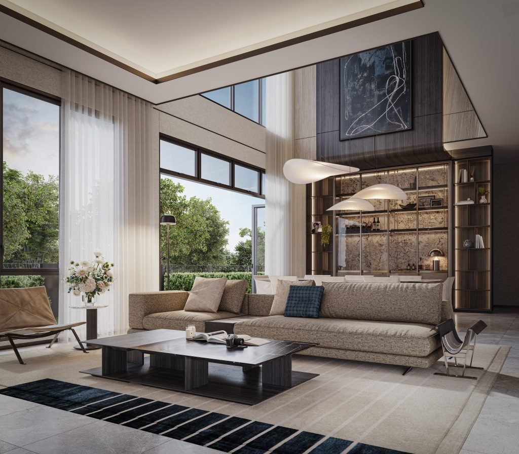 Living hall interior with full-height windows at The Straits View Garden, Bandar Baru Permas Jaya, Johor Bahru