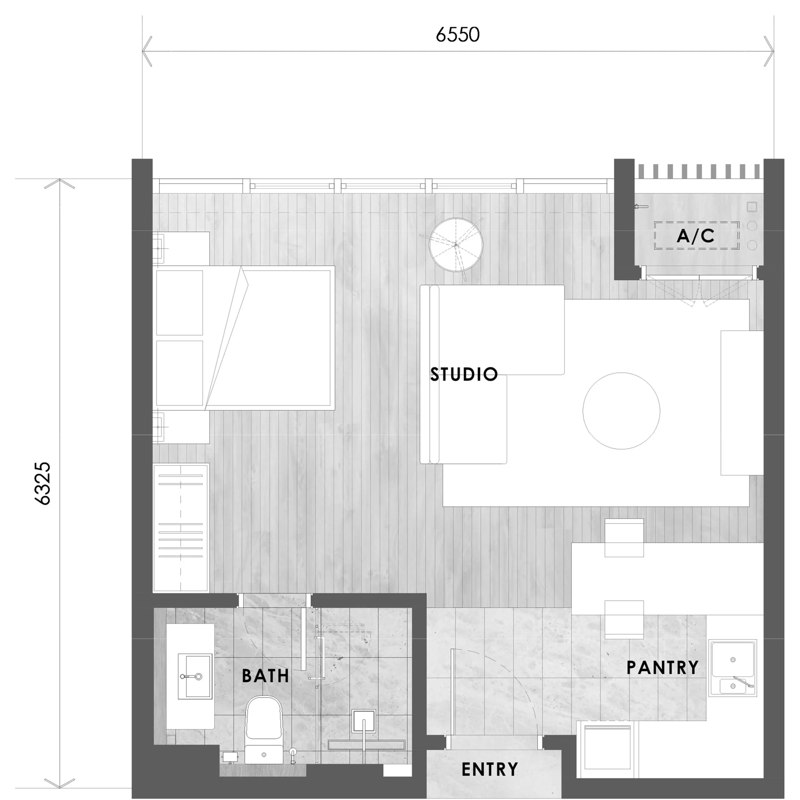 Tower C Type A1 layout plan, 447 sq ft studio in Tower C at The V by Jesselton, Likas Bay, Kota Kinabalu, Sabah