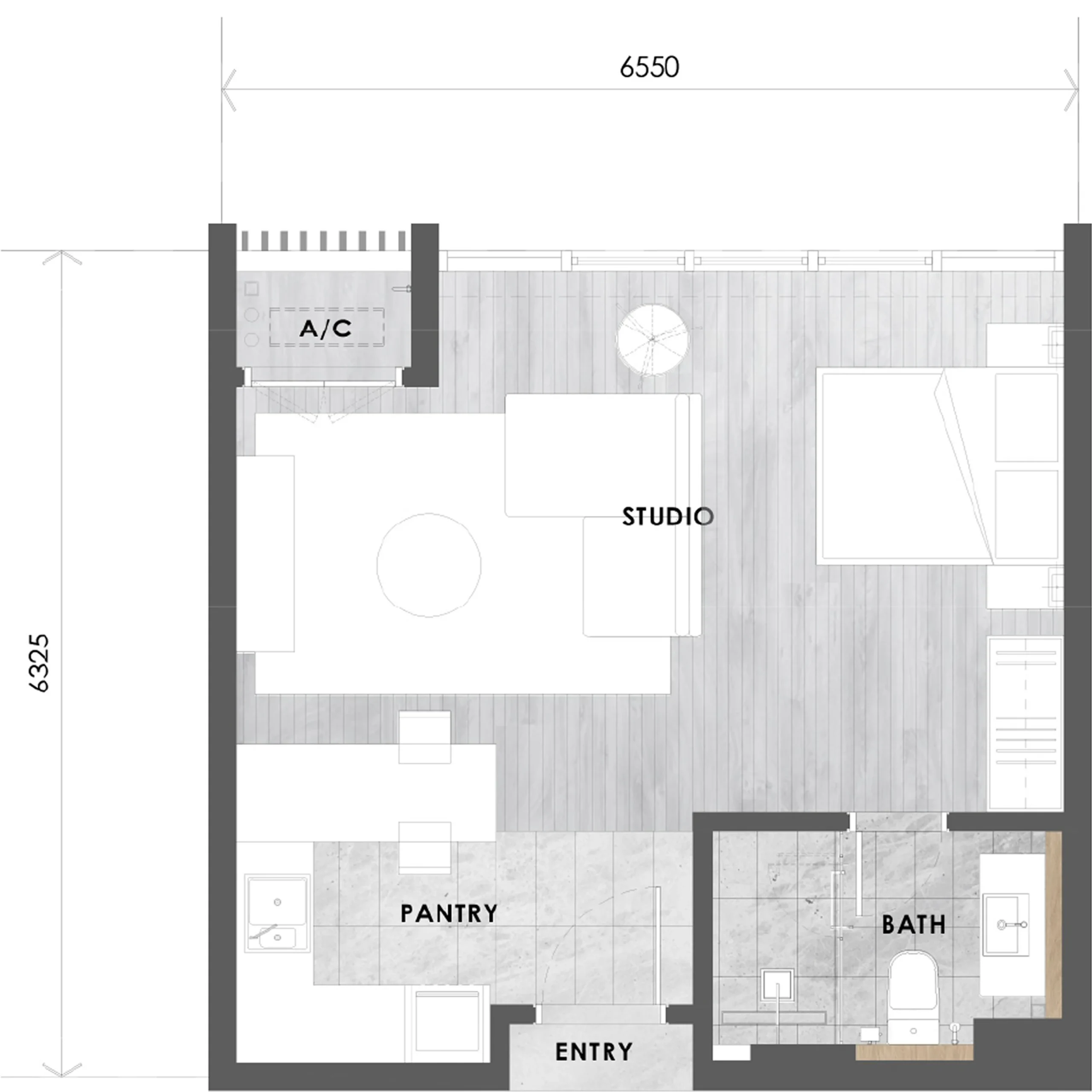 Tower C Type A2 layout plan, 447 sq ft studio in Tower C at The V by Jesselton, Likas Bay, Kota Kinabalu, Sabah