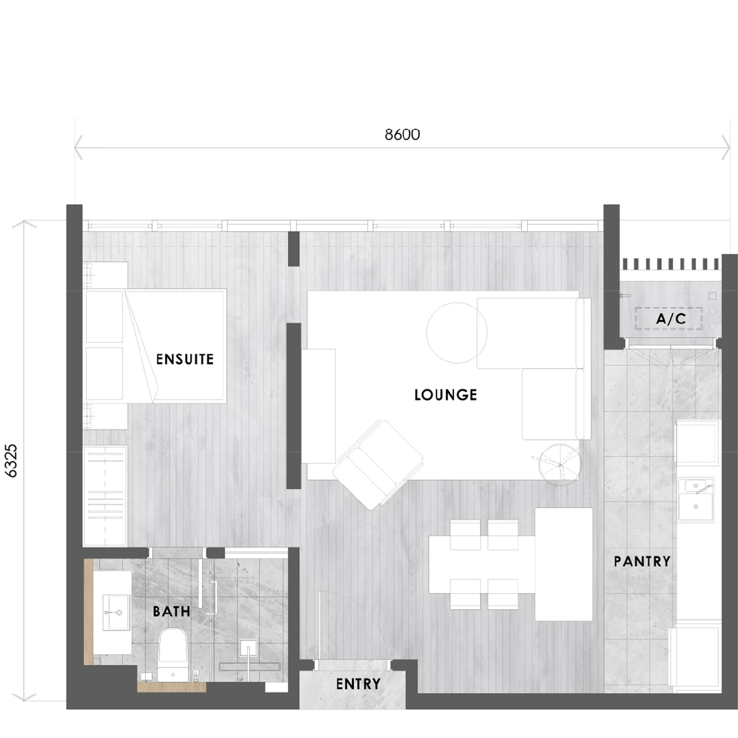 Tower C Type B1 layout plan, 579 sq ft single suite in Tower C at The V by Jesselton, Likas Bay, Kota Kinabalu, Sabah