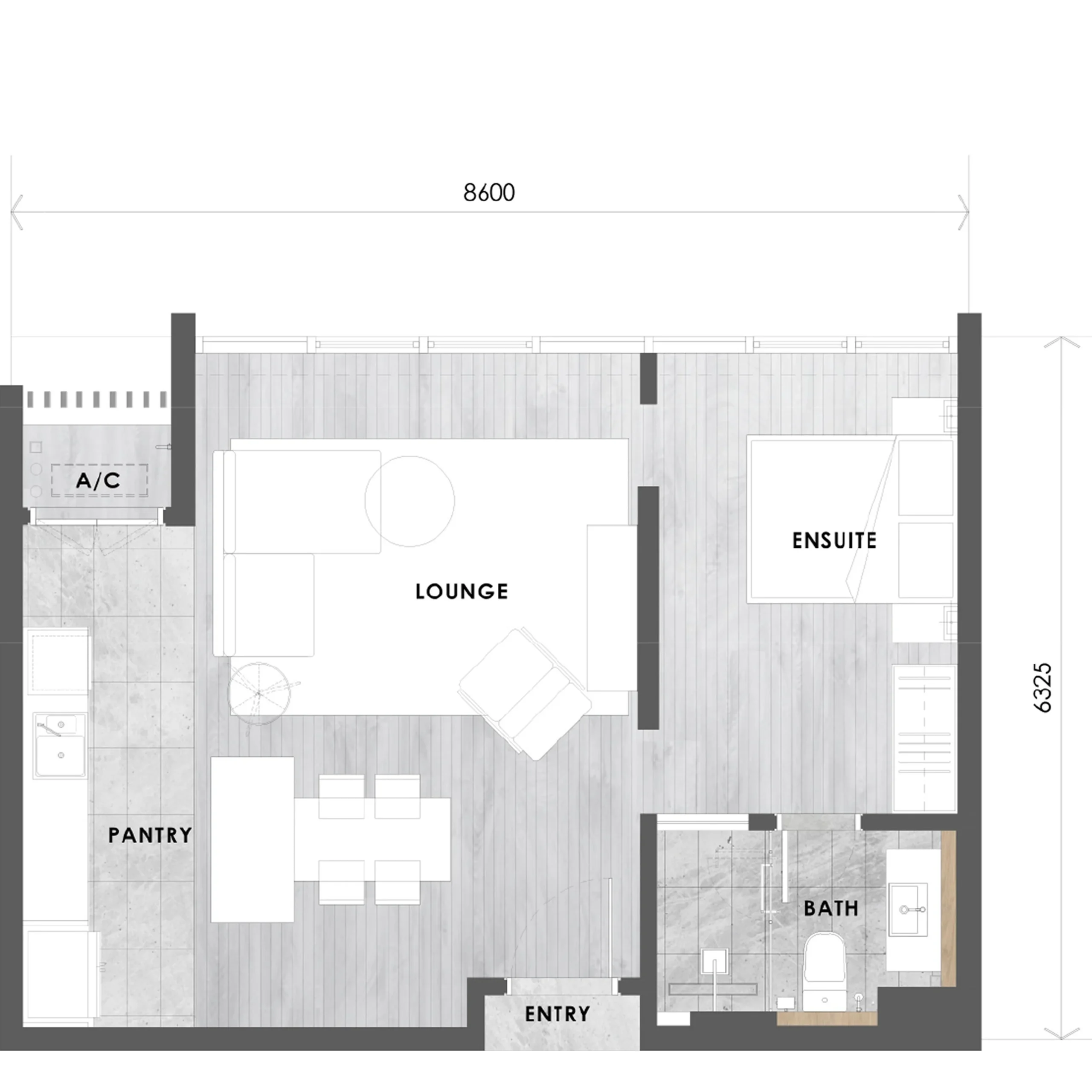 Tower C Type B2 layout plan, 579 sq ft single suite in Tower C at The V by Jesselton, Likas Bay, Kota Kinabalu, Sabah