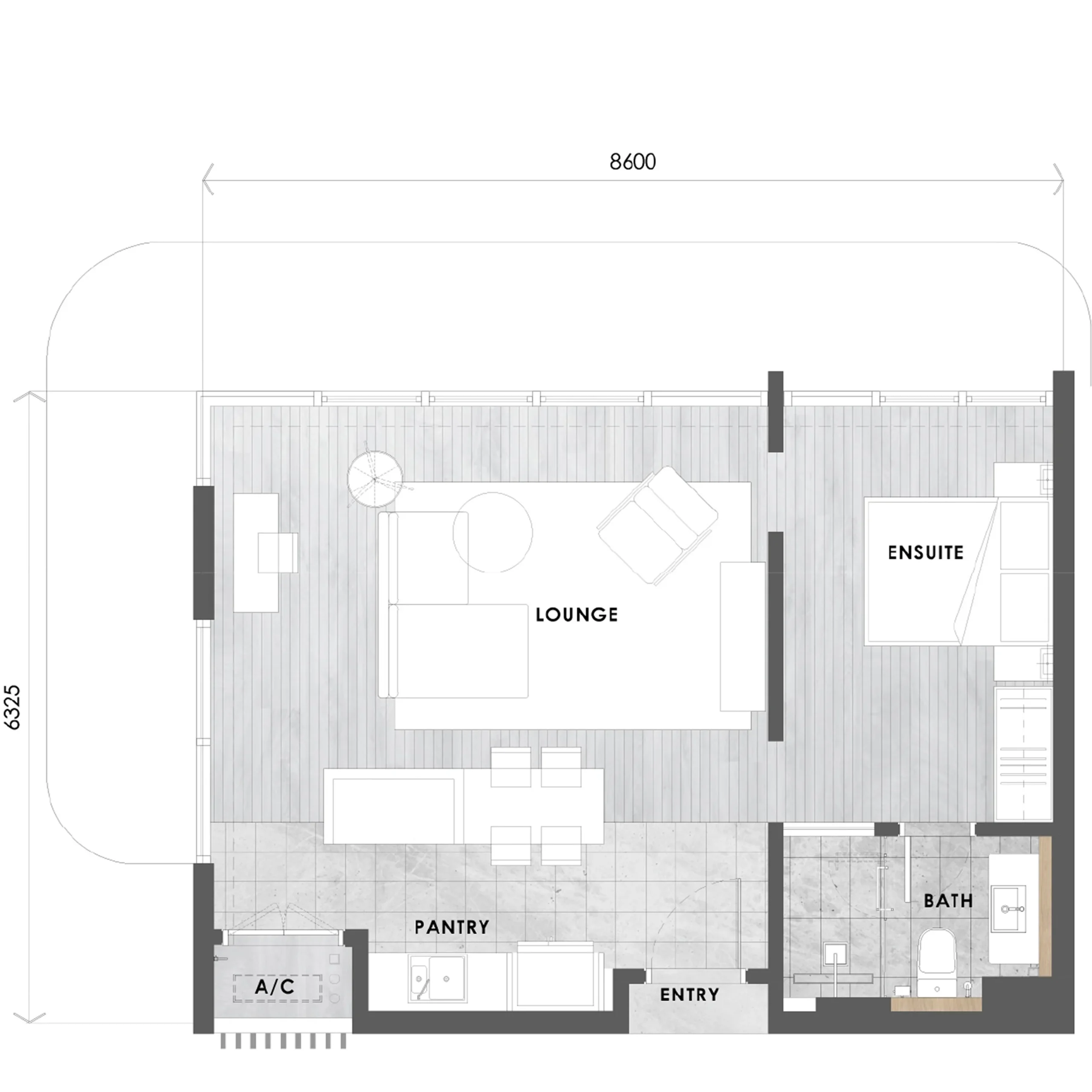 Tower C Type C1 layout plan, 596 sq ft single suite in Tower C at The V by Jesselton, Likas Bay, Kota Kinabalu, Sabah