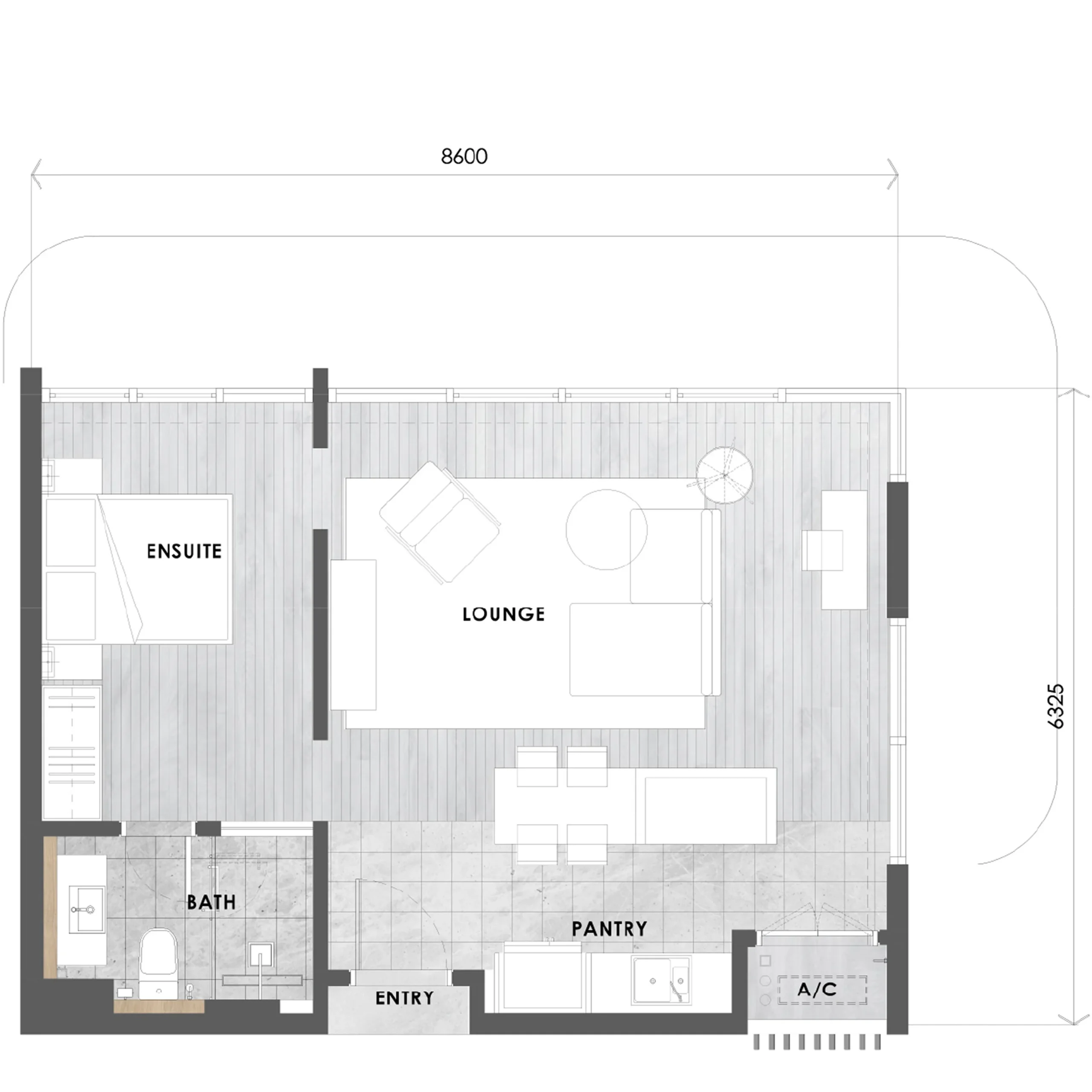 Tower C Type C2 layout plan, 596 sq ft single suite in Tower C at The V by Jesselton, Likas Bay, Kota Kinabalu, Sabah
