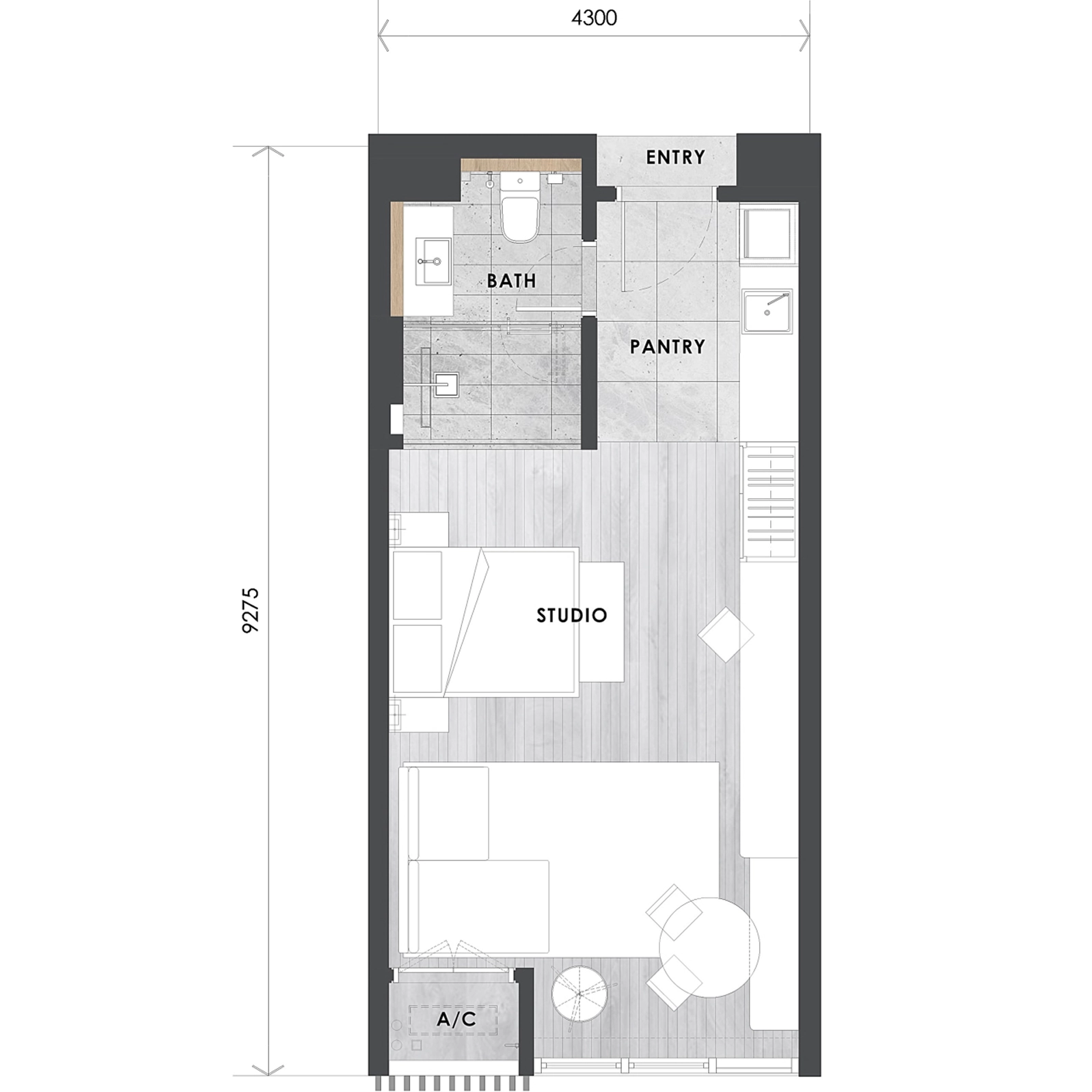 Type A1 layout plan, 425 sq ft studio in Towers A and B at The V by Jesselton, Likas Bay, Kota Kinabalu, Sabah