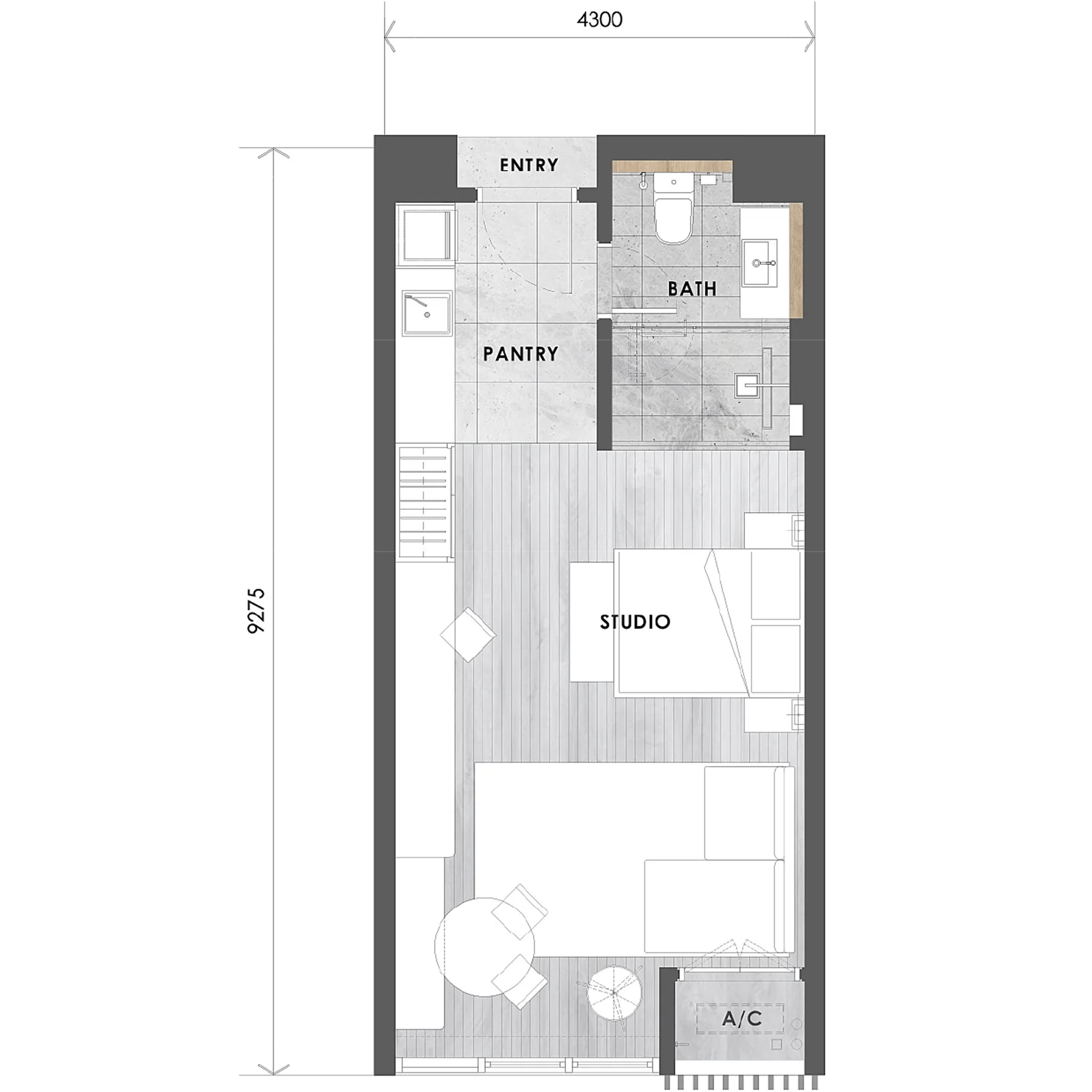 Type A2 layout plan, 425 sq ft studio in Towers A and B at The V by Jesselton, Likas Bay, Kota Kinabalu, Sabah