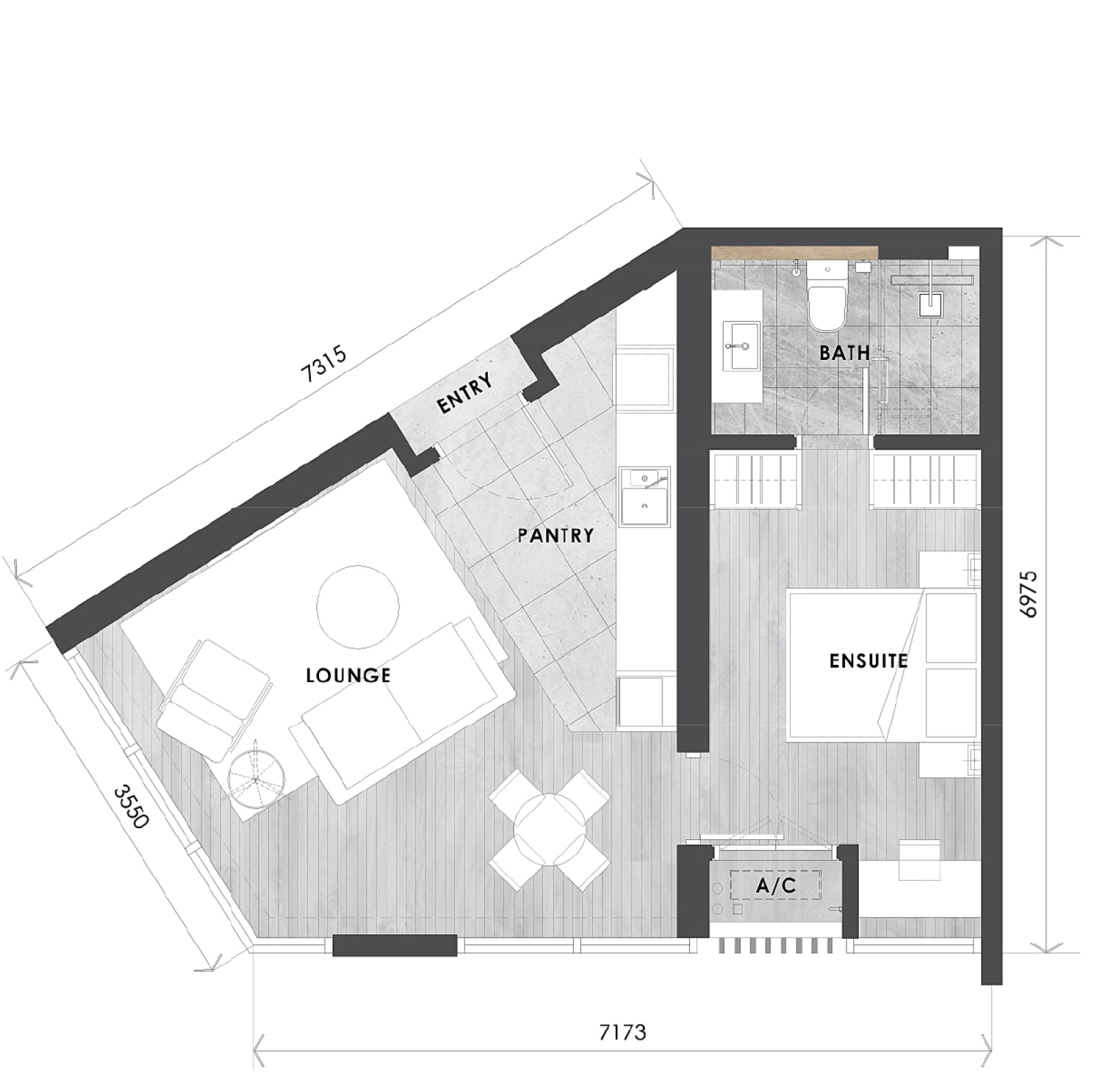 Type B1 layout plan, 525 sq ft single suite in Tower A at The V by Jesselton, Likas Bay, Kota Kinabalu, Sabah