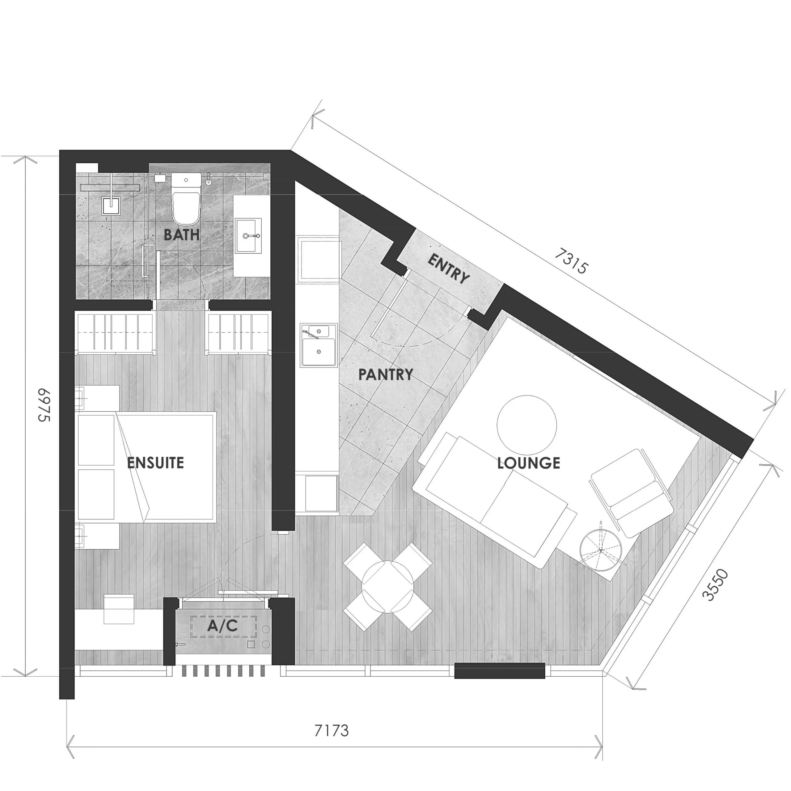 Type B2 layout plan, 525 sq ft single suite in Tower B at The V by Jesselton, Likas Bay, Kota Kinabalu, Sabah