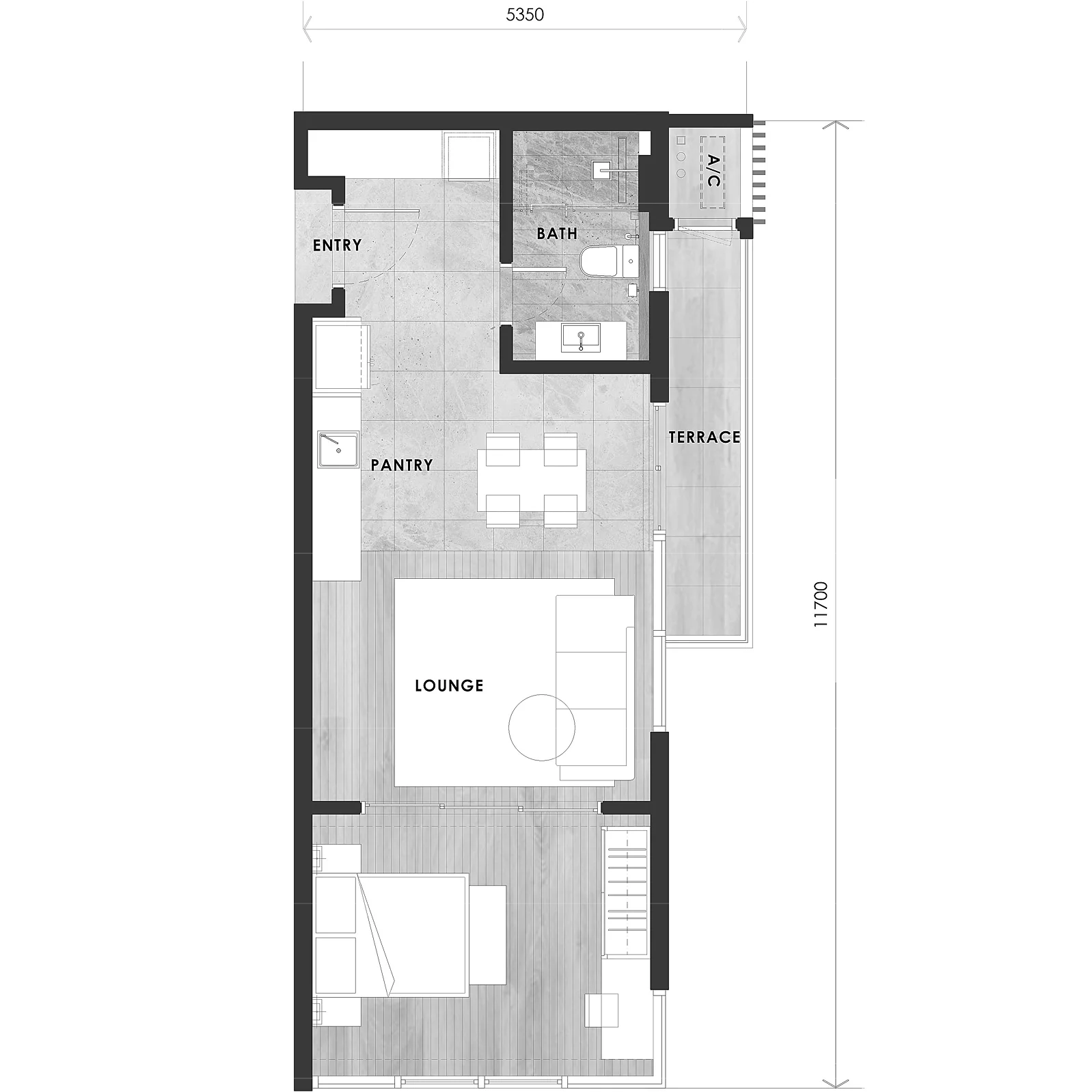 Type C1 layout plan, 625 sq ft single suite in Tower A at The V by Jesselton, Likas Bay, Kota Kinabalu, Sabah