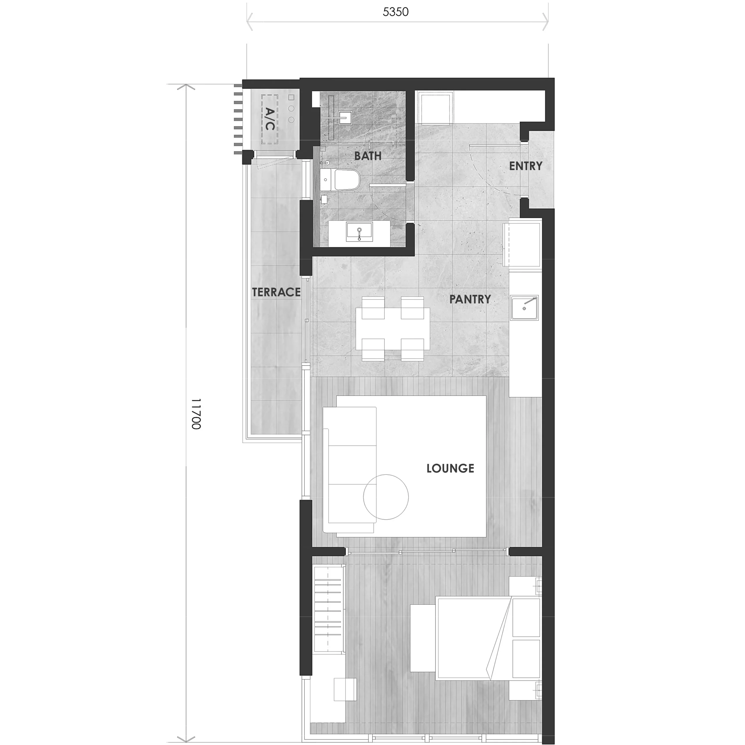Type C2 layout plan, 625 sq ft single suite in Tower B at The V by Jesselton, Likas Bay, Kota Kinabalu, Sabah