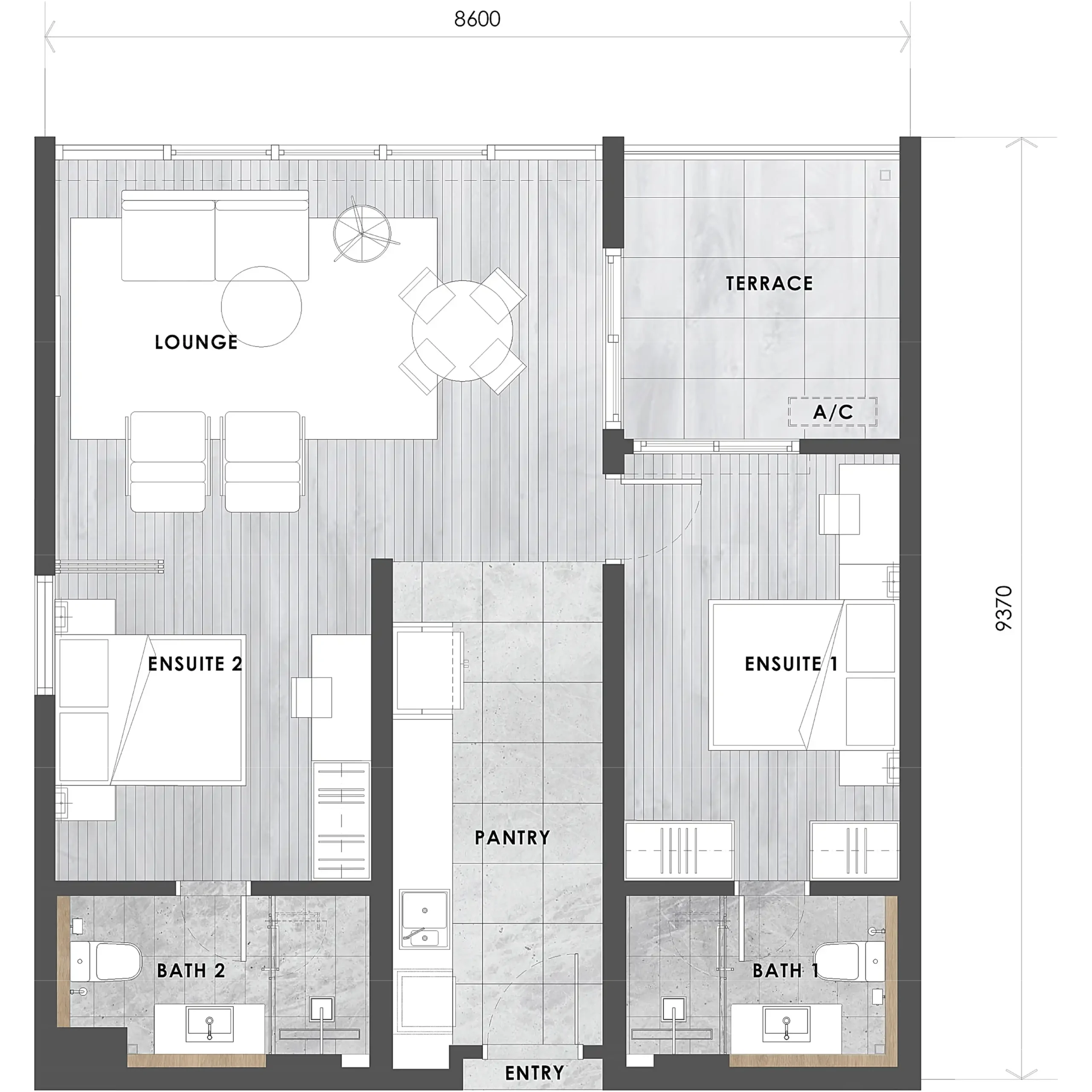 Type D1 layout plan, 860 sq ft dual suite in Tower B at The V by Jesselton, Likas Bay, Kota Kinabalu, Sabah