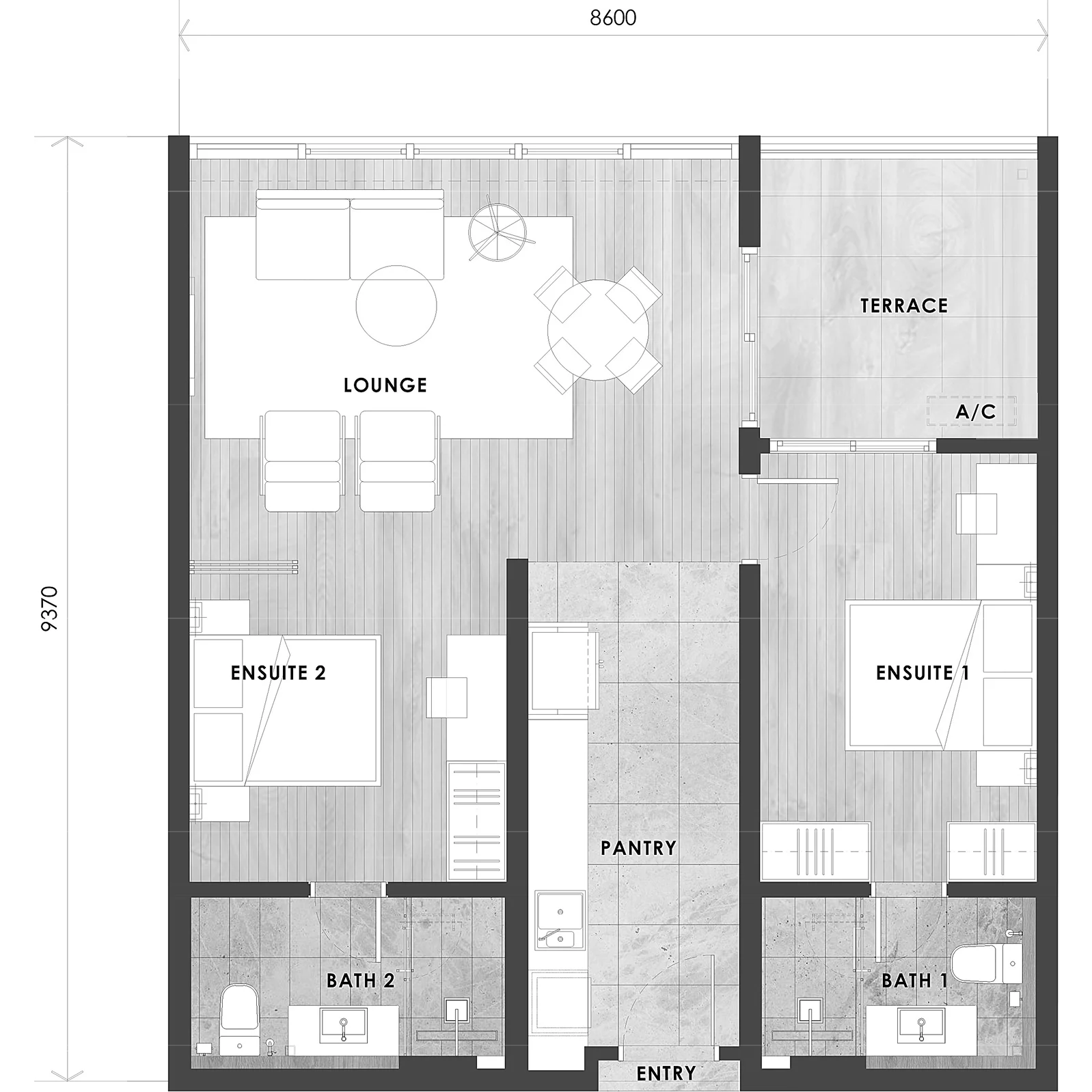 Type D2 layout plan, 860 sq ft dual suite in Tower A at The V by Jesselton, Likas Bay, Kota Kinabalu, Sabah