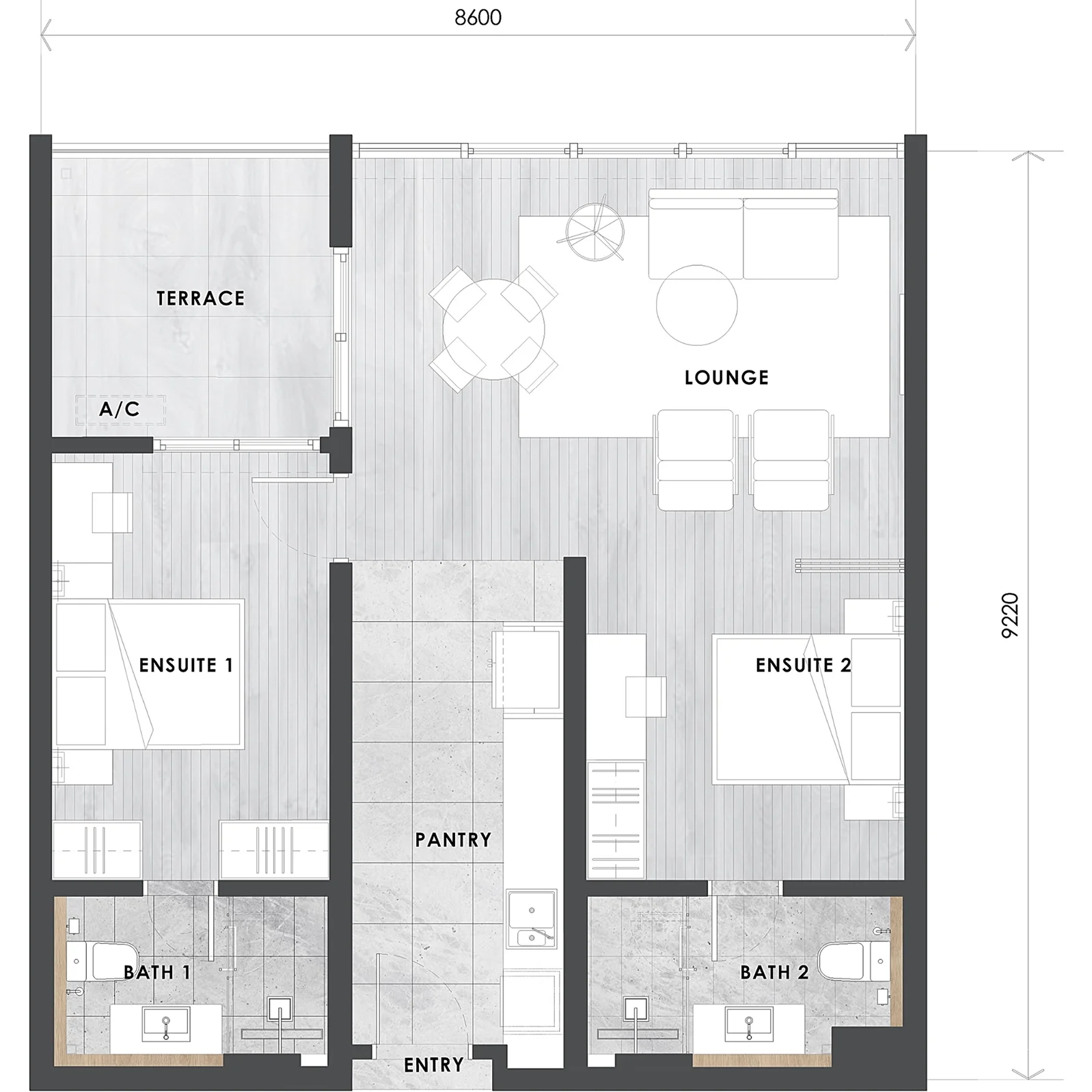 Type D3 layout plan, 860 sq ft dual suite in Tower A at The V by Jesselton, Likas Bay, Kota Kinabalu, Sabah