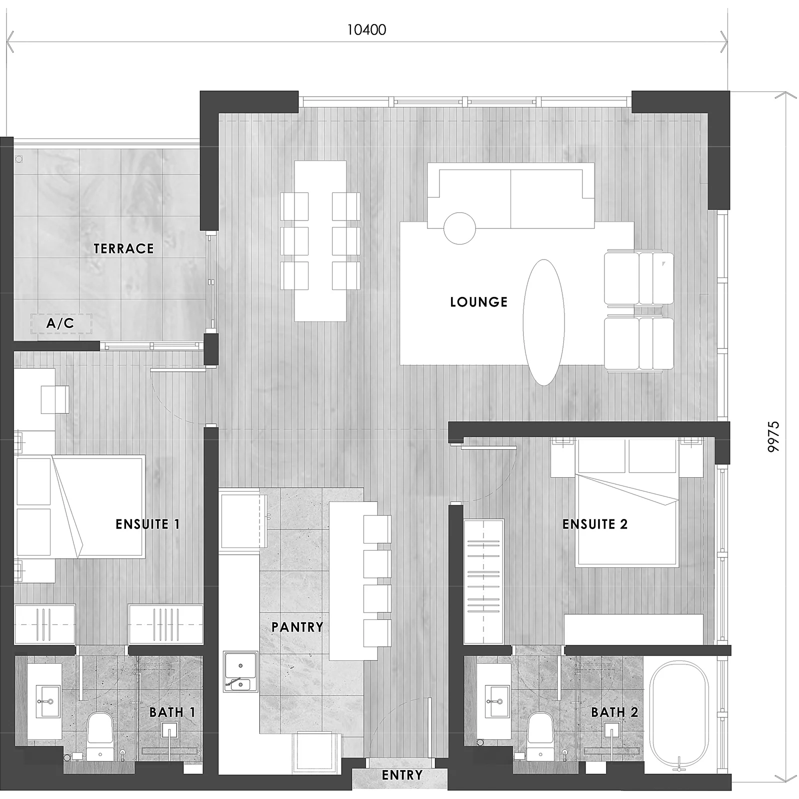 Type E1 layout plan, 1,090 sq ft dual suite at The V by Jesselton, Likas Bay, Kota Kinabalu, Sabah