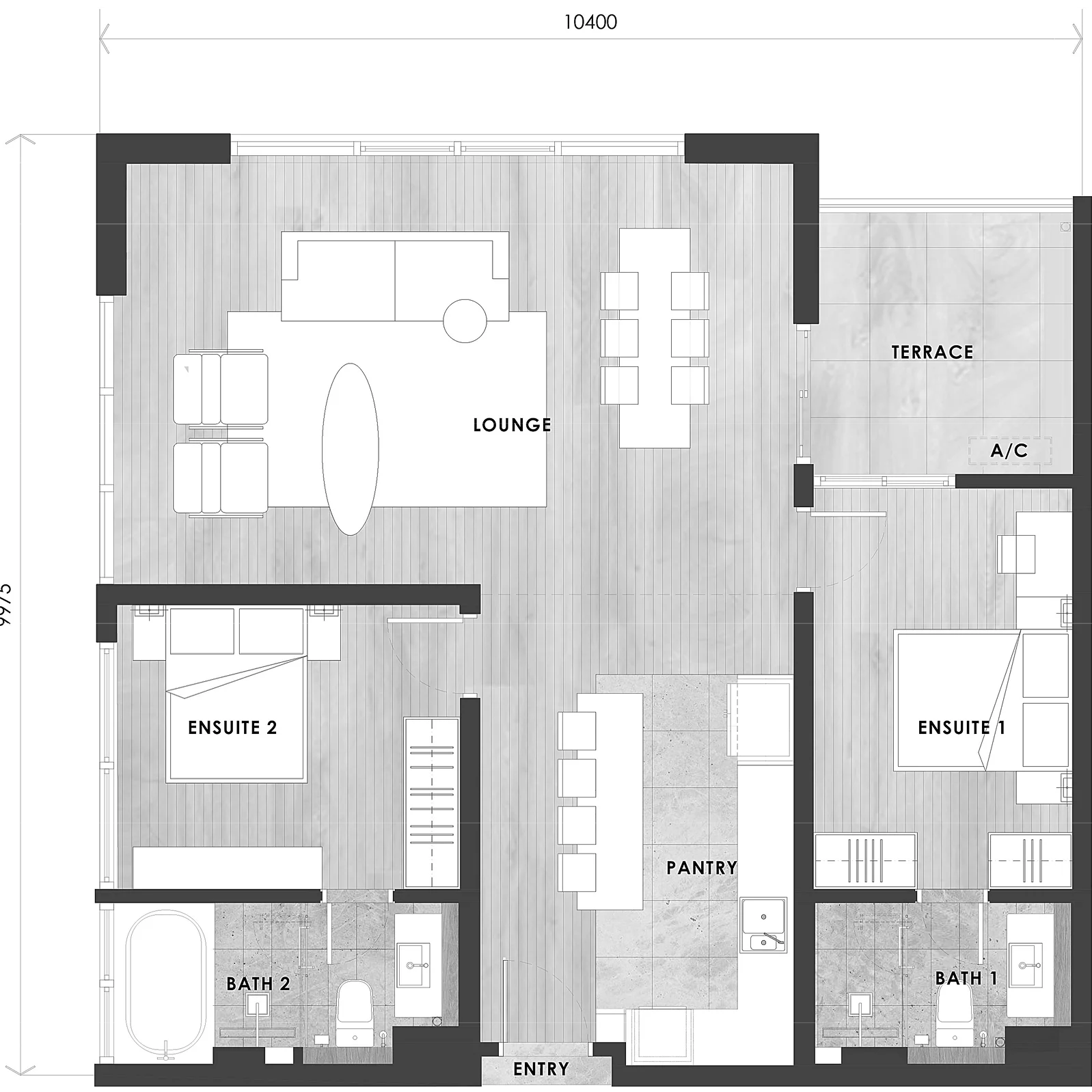 Type E2 layout plan, 1,090 sq ft dual suite at The V by Jesselton, Likas Bay, Kota Kinabalu, Sabah