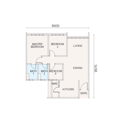 Veranda Residences Phase 2 Type B floor plan, 850 sq ft three-bedroom, MBW City Johor Bahru