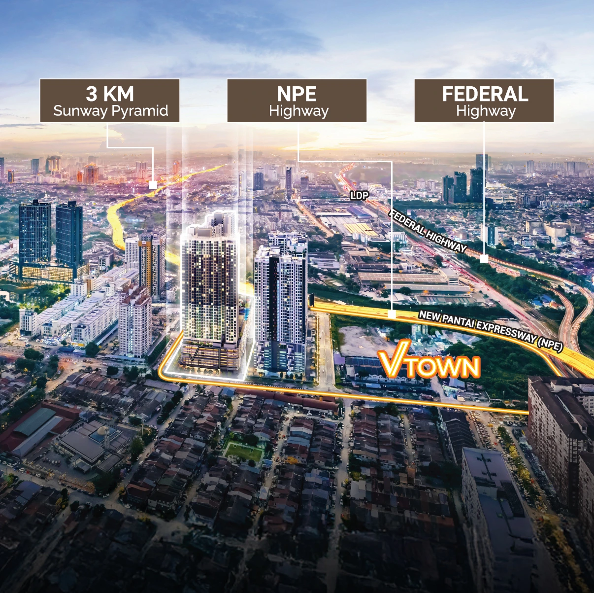 Developer accessibility graphic showing the site between Bangsar and Sunway with NPE access at Veridian Residence @ VTOWN by Masteron Group, PJS 5, Petaling Jaya, Selangor