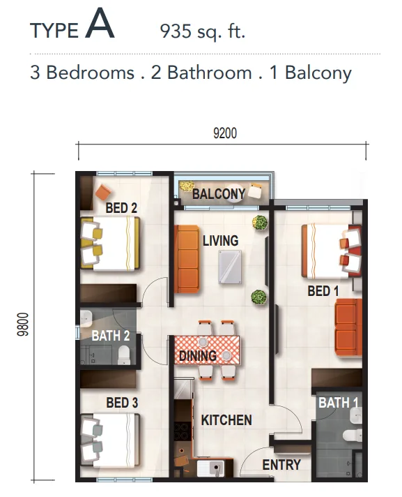 Verte Medini Residence Type A floor plan — 935 sq ft three-room dual key, Medini, Iskandar Puteri