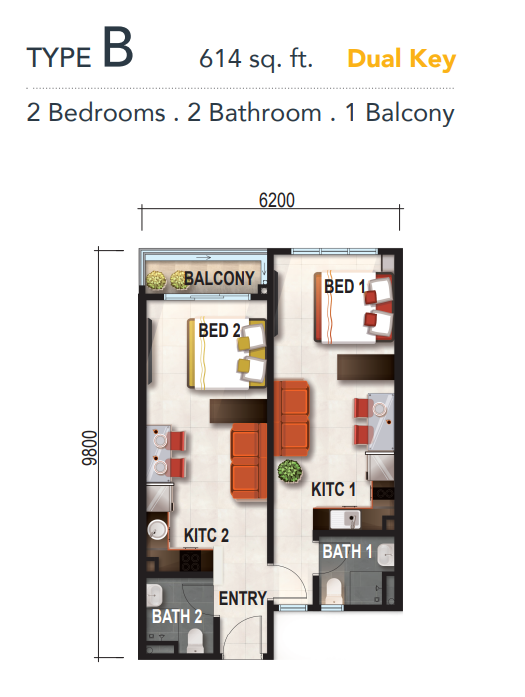 Verte Medini Residence Type B floor plan — 614 sq ft two-room dual key, Medini, Iskandar Puteri
