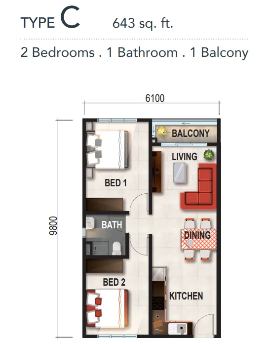 Verte Medini Residence Type C floor plan — 643 sq ft two-room two-bathroom, Medini, Iskandar Puteri