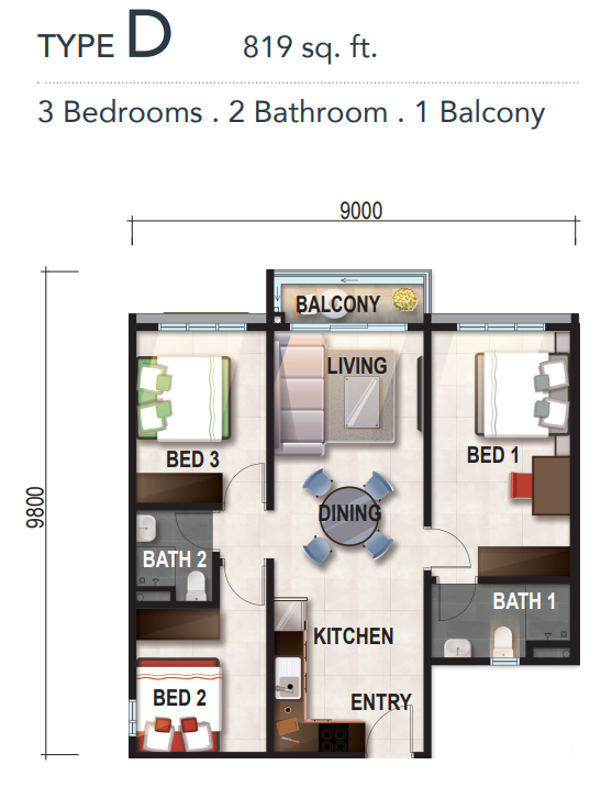 Verte Medini Residence Type D floor plan — 819 sq ft three-room two-bathroom, Medini, Iskandar Puteri