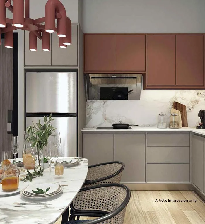 Artist’s impression of the kitchen and living area inside a Vox Residence unit, Sentul, Kuala Lumpur