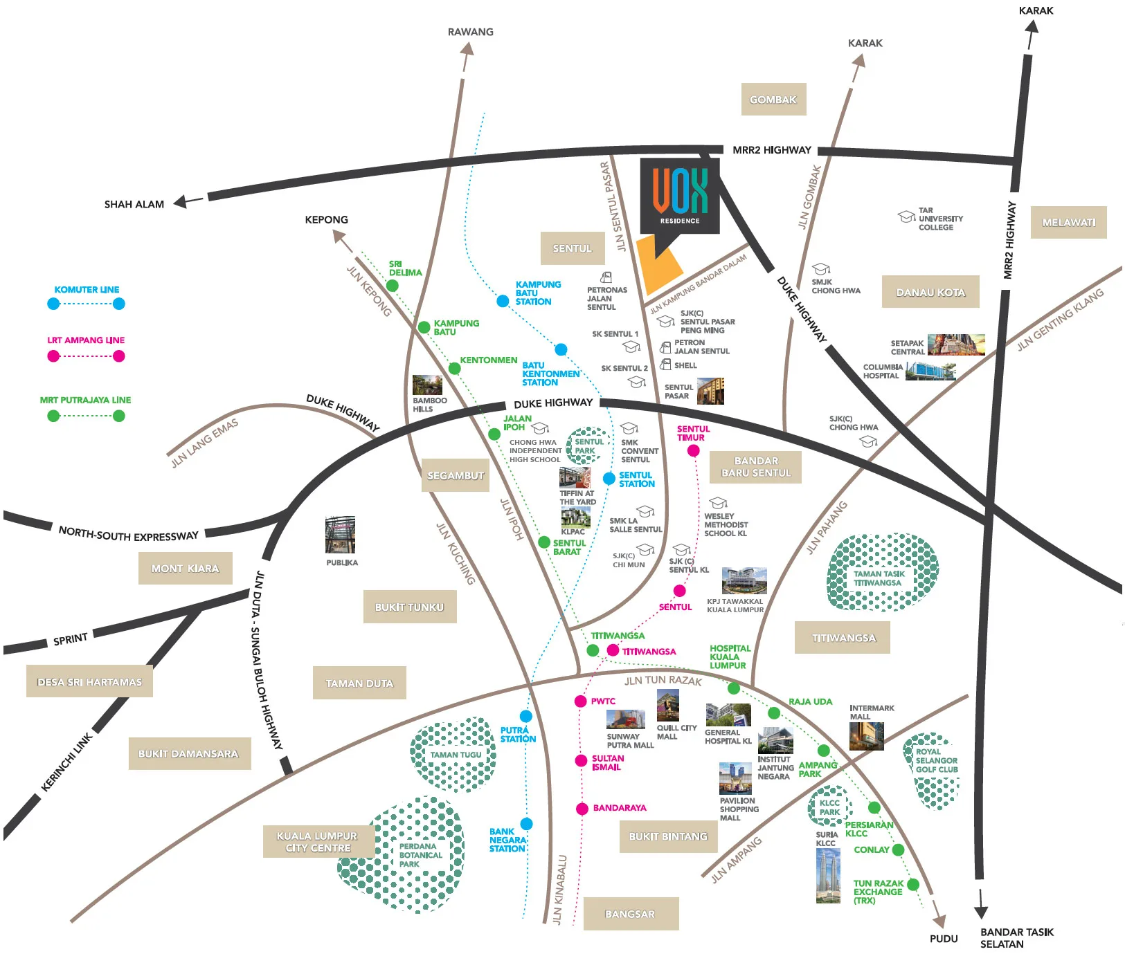 Vox Residence location map showing Jalan Sentul Pasar, Sentul Link, the DUKE Highway and the MRR2, Kuala Lumpur