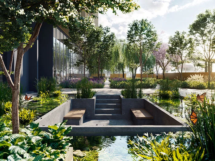 Artist’s impression of the sunken lounge on the podium facilities floors at Vox Residence, Sentul