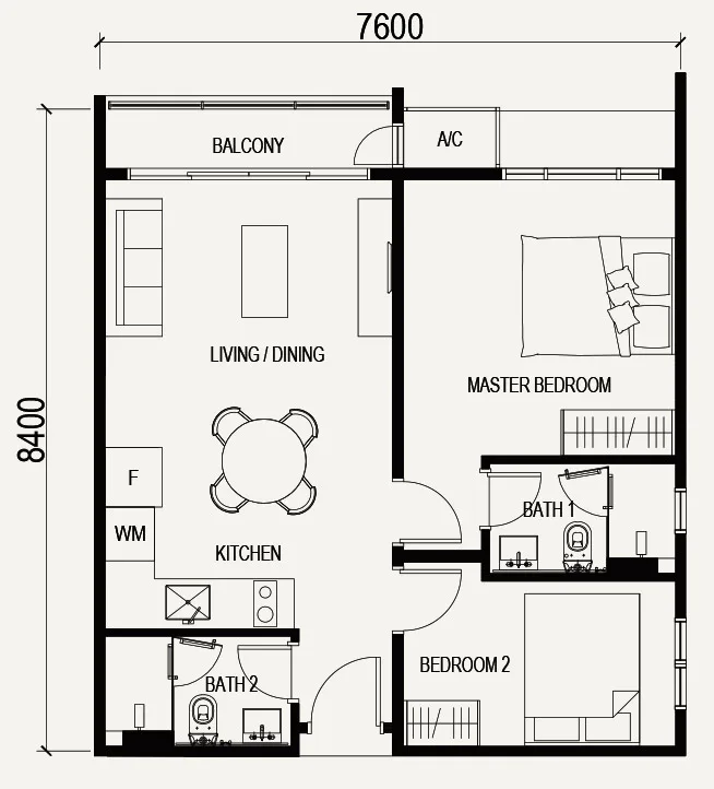 Vox Residence Type A1 floor plan — 667 sq ft, 62 sq m, 2 bedrooms and 2 bathrooms, Sentul, Kuala Lumpur