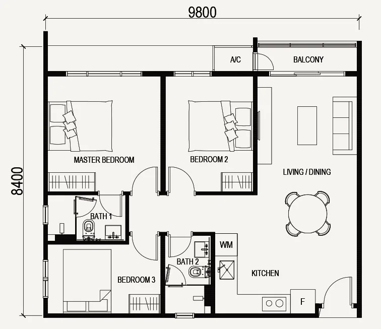 Vox Residence Type B1 floor plan — 839 sq ft, 78 sq m, 3 bedrooms and 2 bathrooms, Sentul, Kuala Lumpur