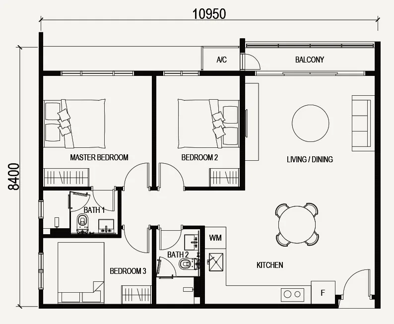 Vox Residence Type C1 floor plan — 947 sq ft, 88 sq m, 3 bedrooms and 2 bathrooms, the largest published layout, Sentul