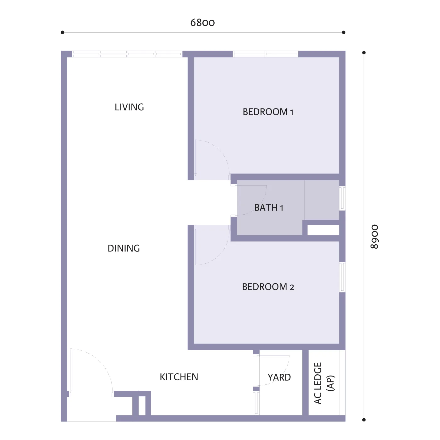 Adison Type B floor plan, 651 sq ft two-bedroom with yard, W City Larkinton, Johor Bahru