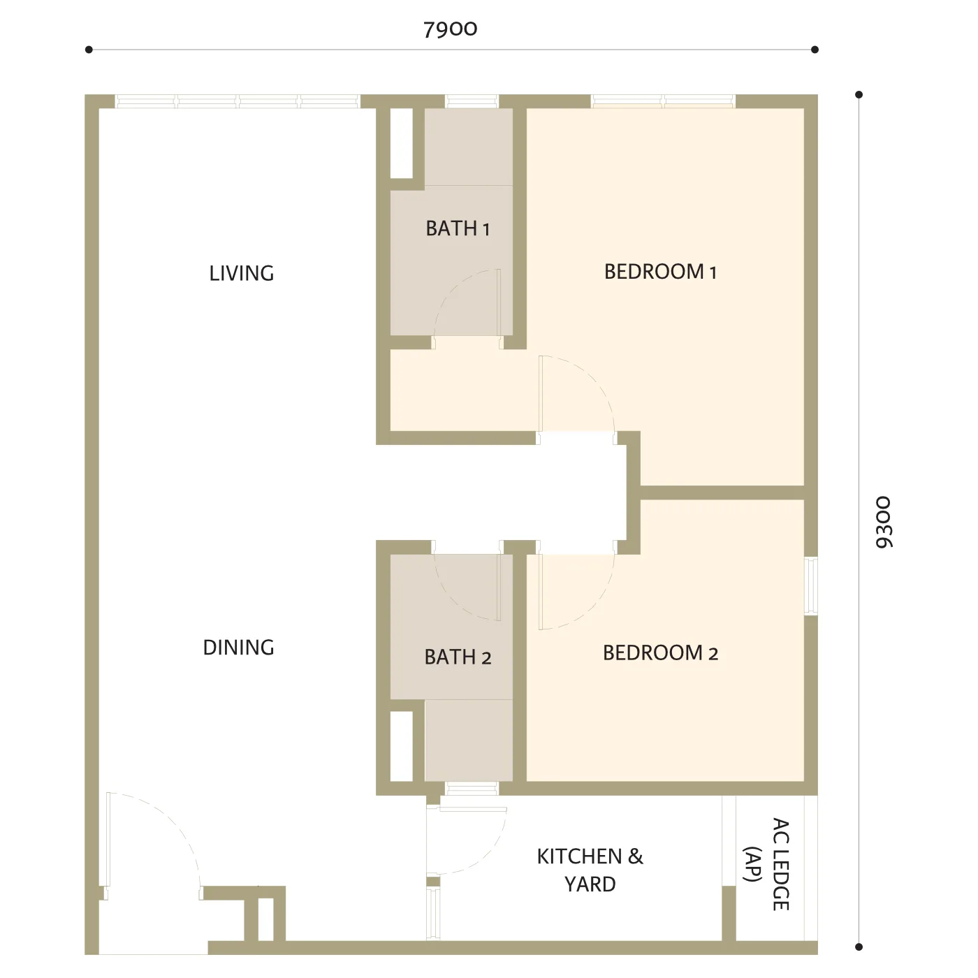 Adison Type C floor plan, 791 sq ft two-bedroom two-bathroom with yard, W City Larkinton, Johor Bahru