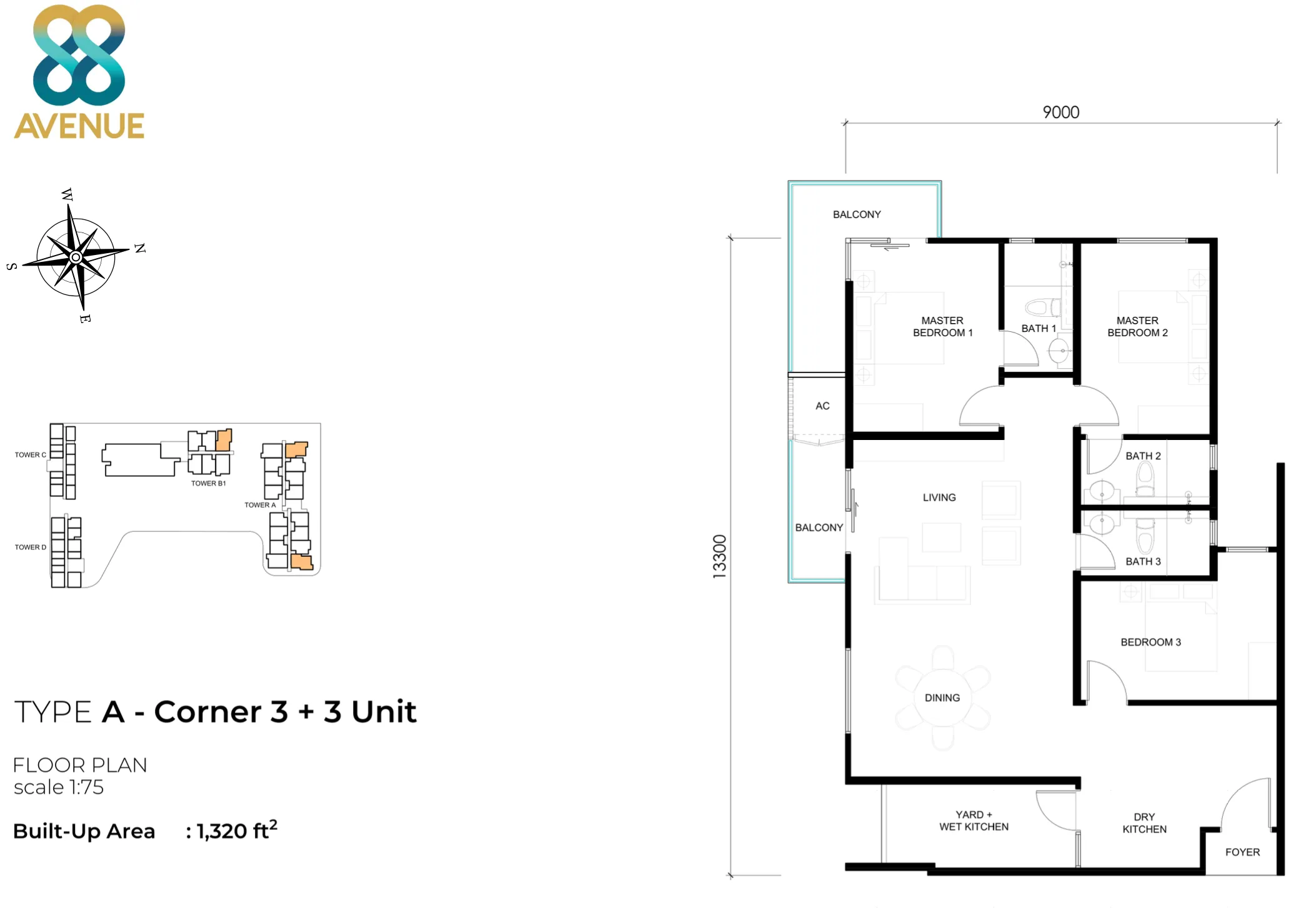 Tower A Type A floor plan 1320 sq ft three bedroom at 88 Avenue, Kepayan, Kota Kinabalu, Sabah