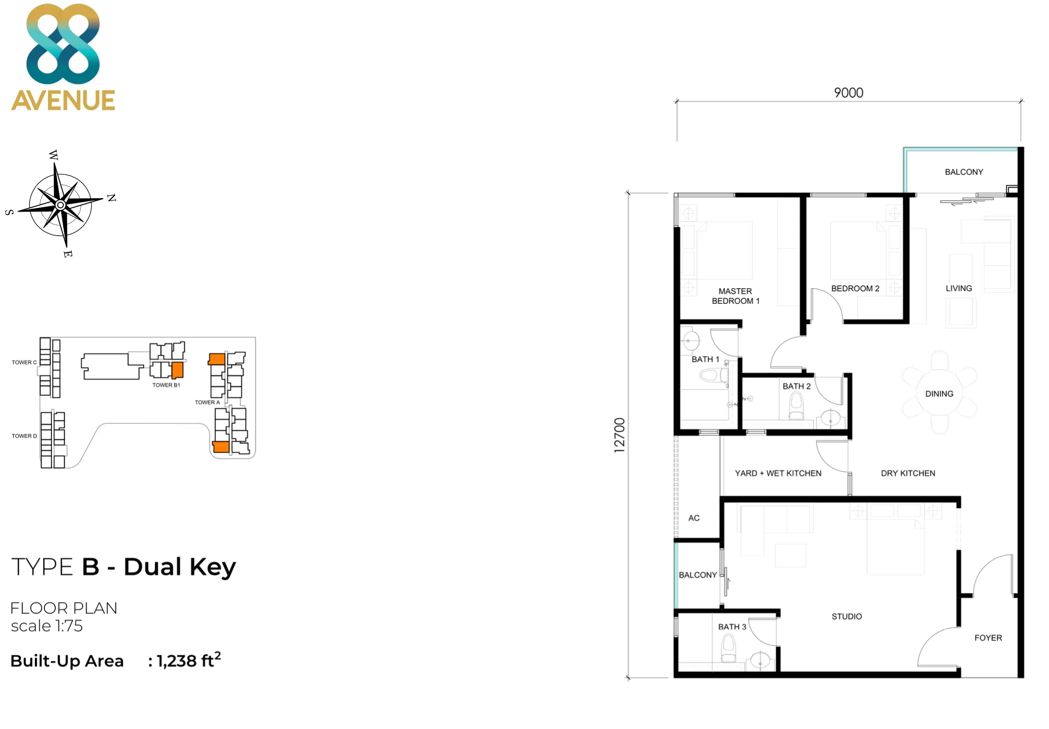 Tower A Type B dual key floor plan 1238 sq ft at 88 Avenue, Kepayan, Kota Kinabalu, Sabah