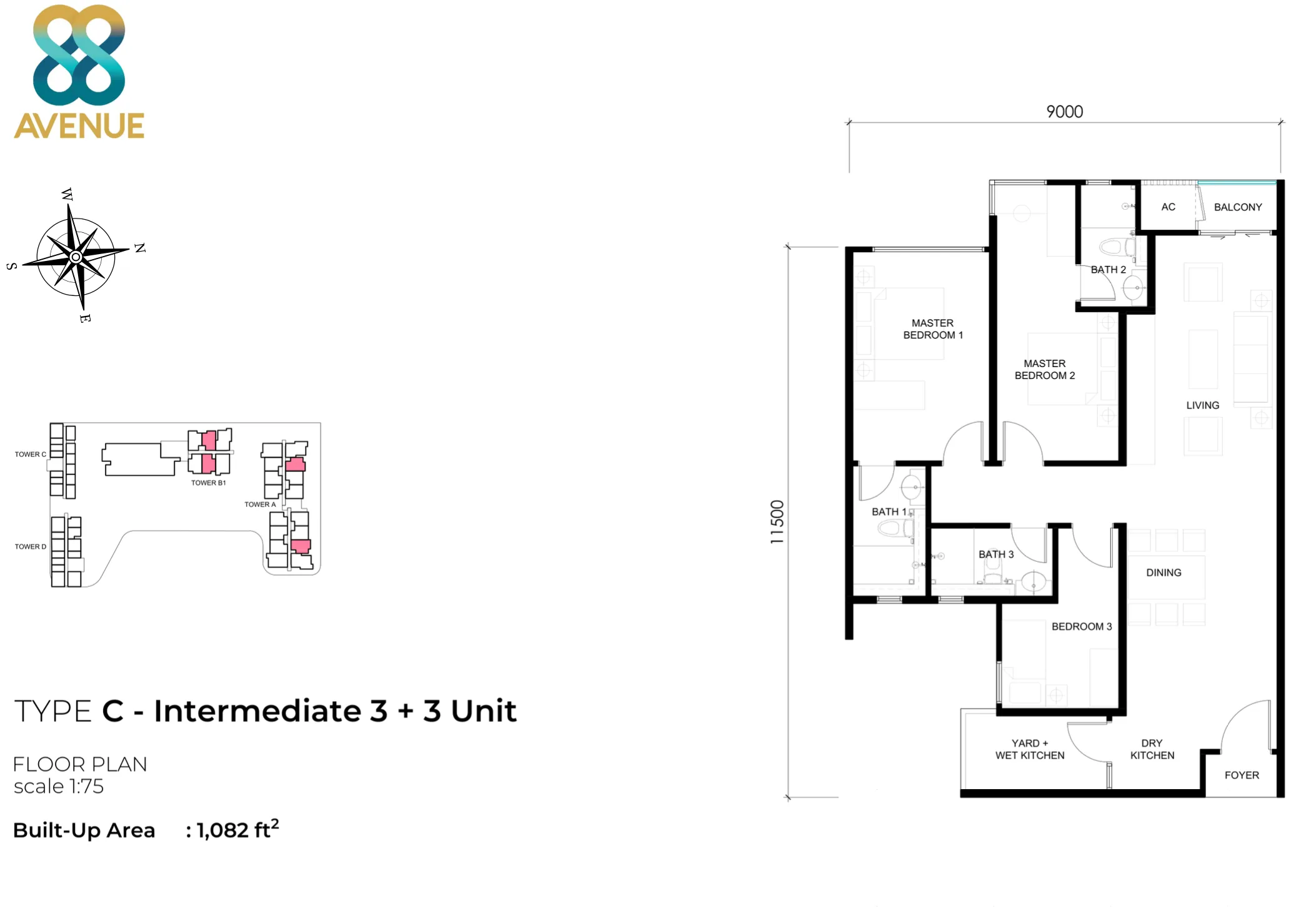 Tower A Type C floor plan 1082 sq ft three bedroom at 88 Avenue, Kepayan, Kota Kinabalu, Sabah