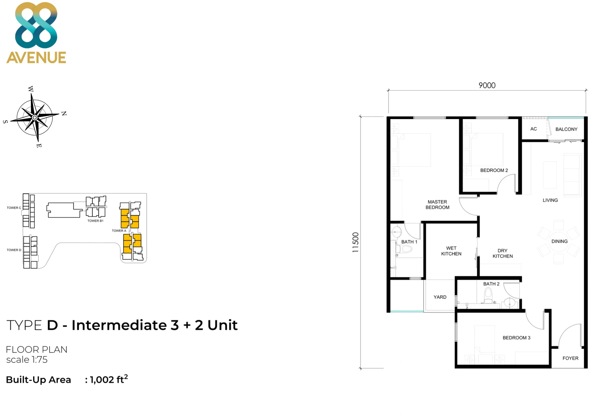Tower A Type D floor plan 1002 sq ft three bedroom at 88 Avenue, Kepayan, Kota Kinabalu, Sabah