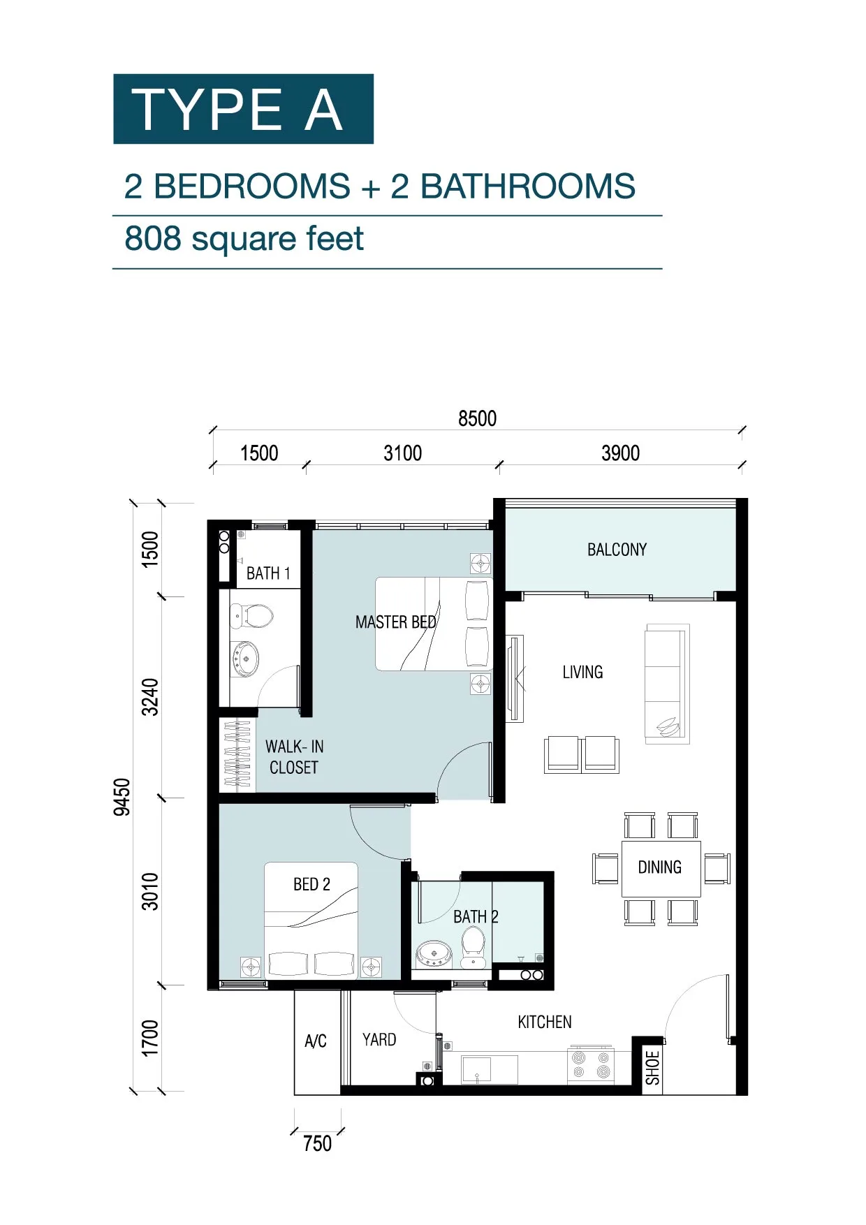8scape Residences @ Sutera Type A 官方户型平面图 — 808 平方尺 · 2 房