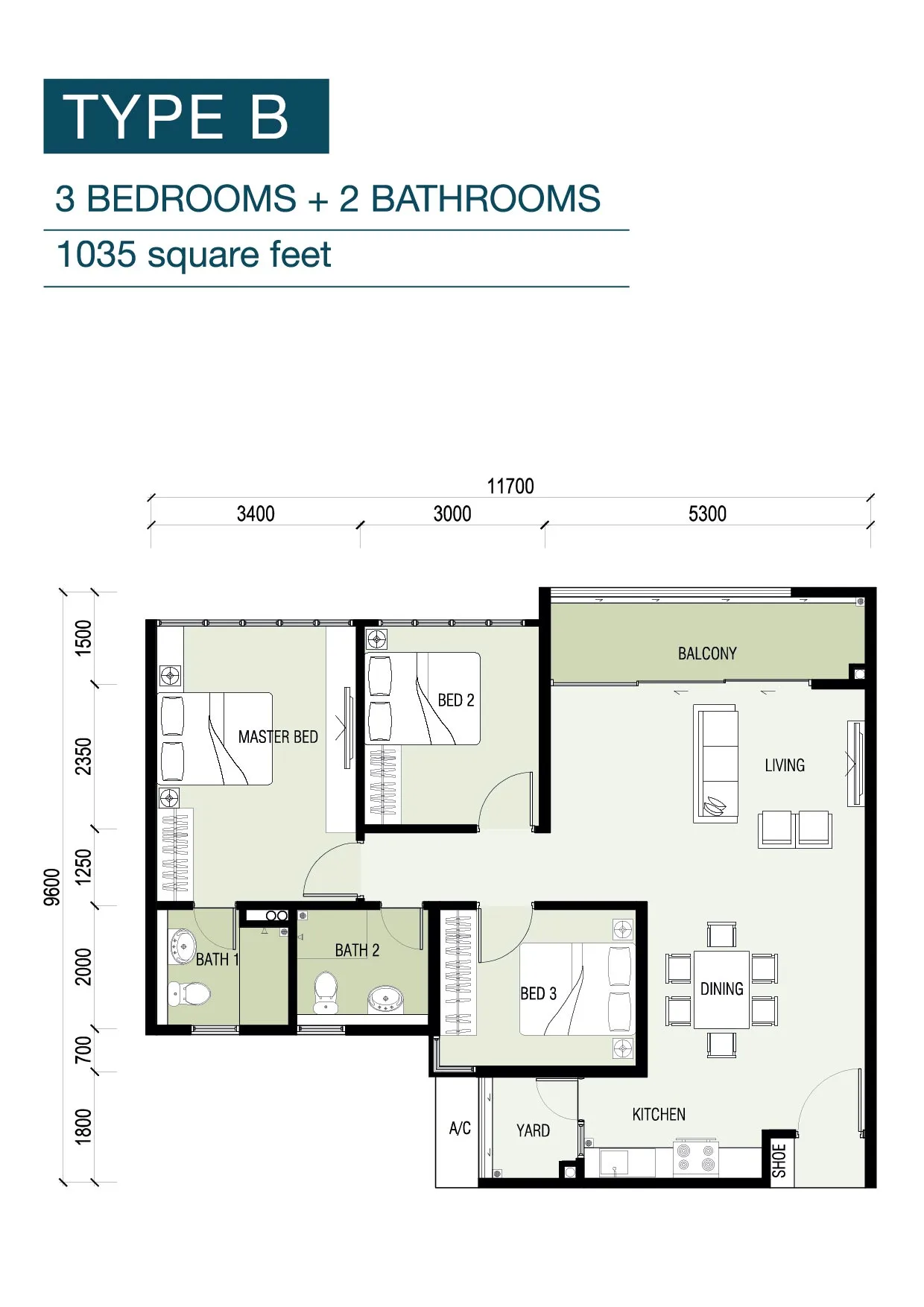 8scape Residences @ Sutera Type B 官方户型平面图 — 1,035 平方尺 · 3 房