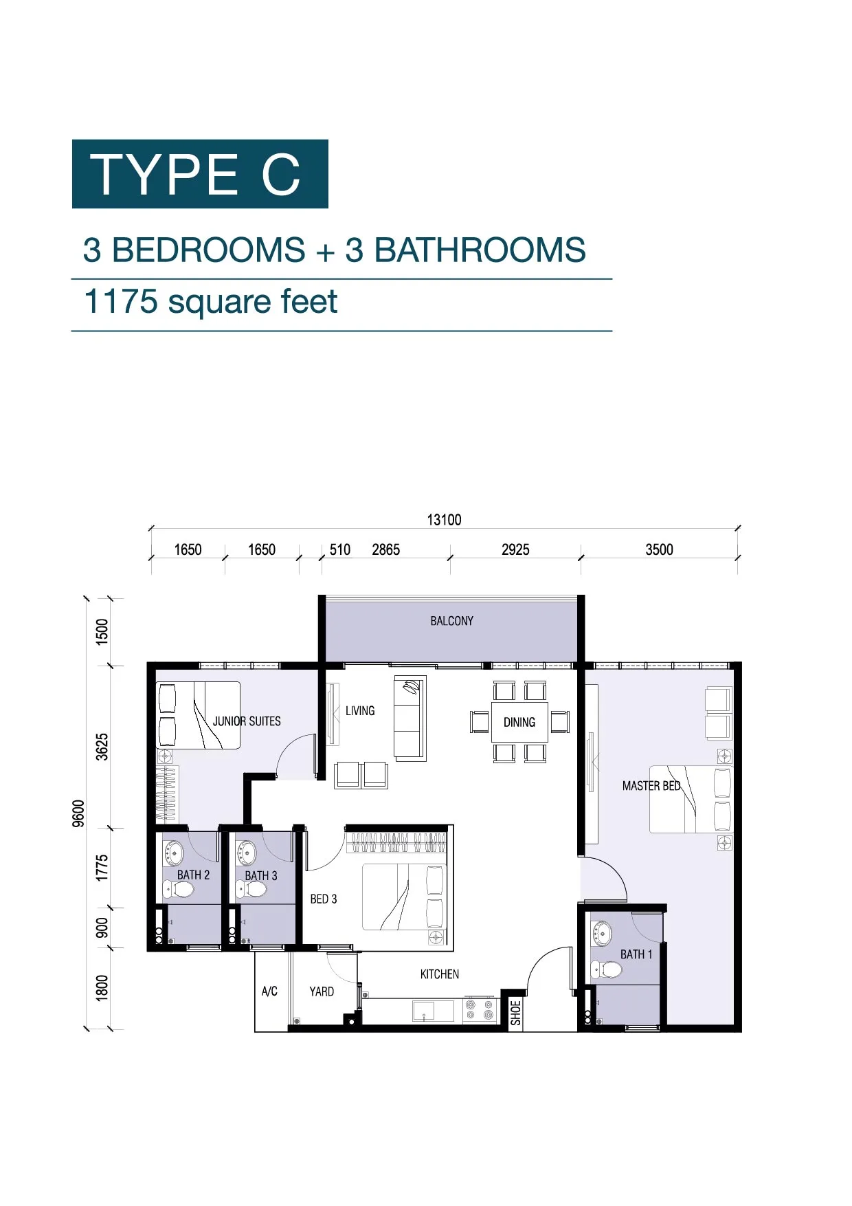 8scape Residences @ Sutera Type C 官方户型平面图 — 1,175 平方尺 · 3 房