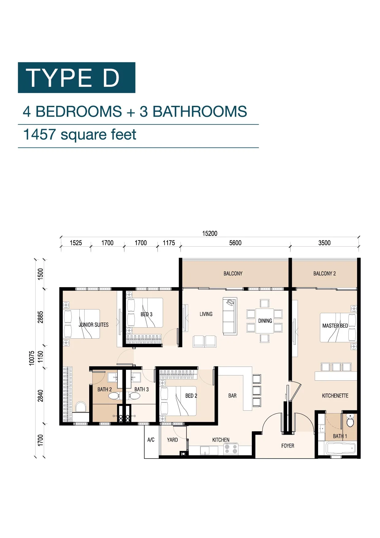 8scape Residences @ Sutera Type D1 官方户型平面图 — 1,464 平方尺 · 4 房
