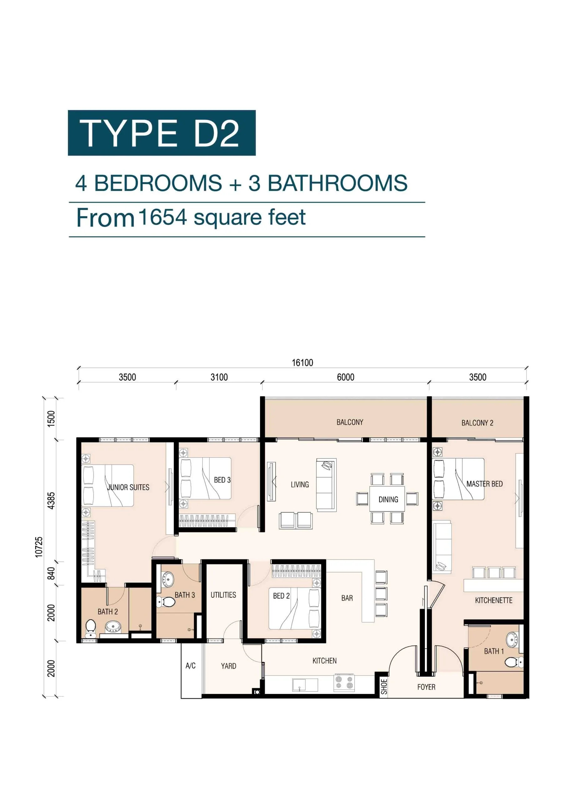 8scape Residences @ Sutera Type D2 官方户型平面图 — 1,651 平方尺 · 4 房