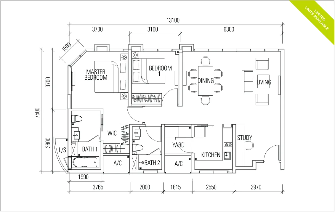 Afiniti Residences @ Medini Type 2A 官方户型平面图 — 1,064 平方尺 · 2 房 2 卫