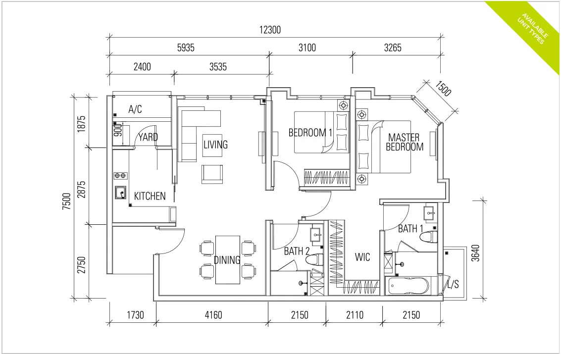 Afiniti Residences @ Medini Type 2B 官方户型平面图 — 991 平方尺 · 2 房 2 卫