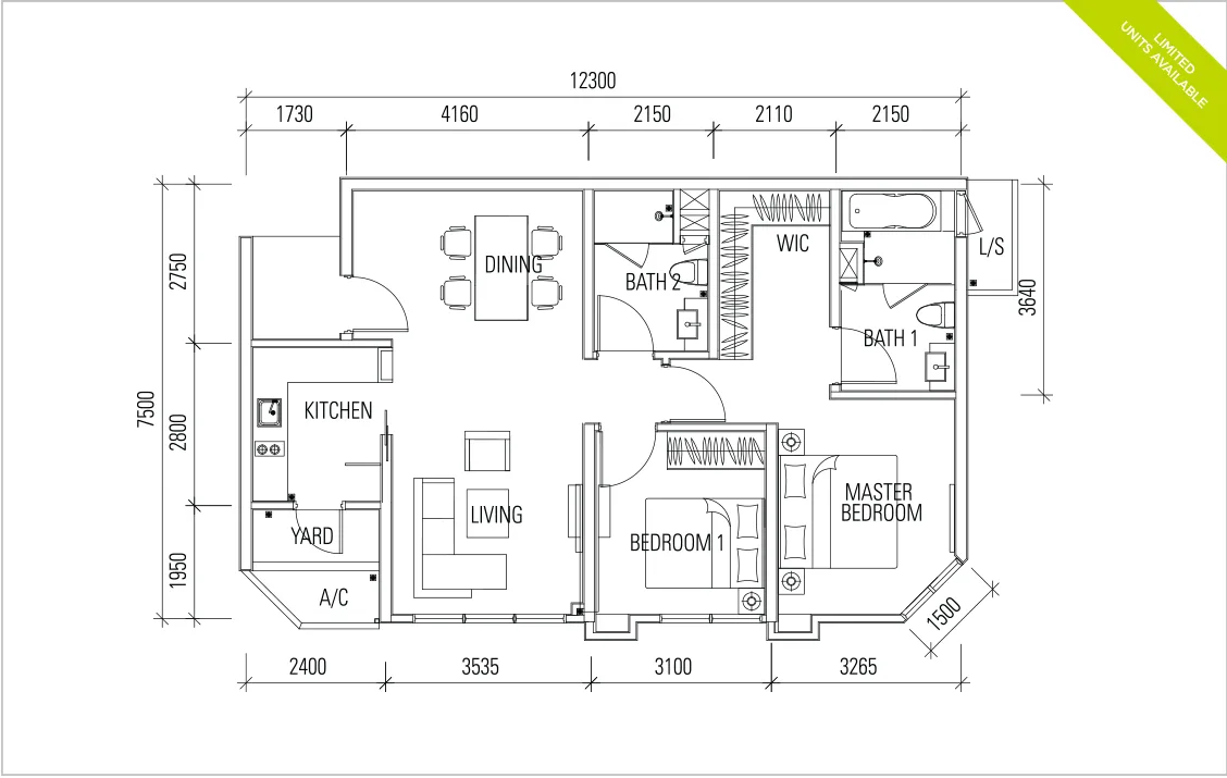 Afiniti Residences @ Medini Type 2C 官方户型平面图 — 983 平方尺 · 2 房 2 卫