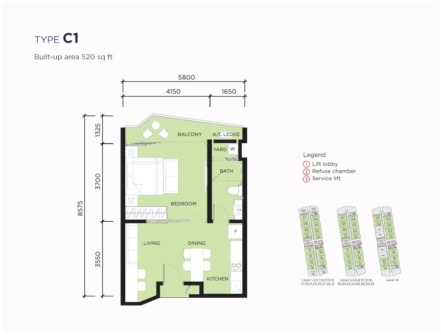 Almãs @ Puteri Harbour Type C1 official floor plan — 520 sq ft · 1 bedroom