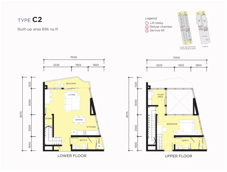 Almãs @ Puteri Harbour Type C2 official floor plan — 896 sq ft · duplex