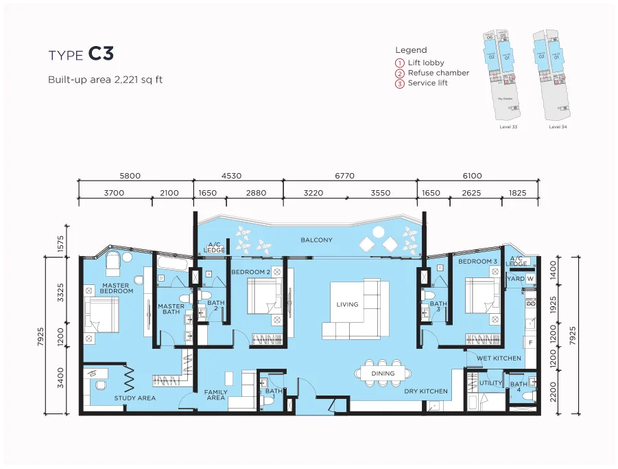 Almãs @ Puteri Harbour Type C3 official floor plan — 2,221 sq ft · 3 bedrooms